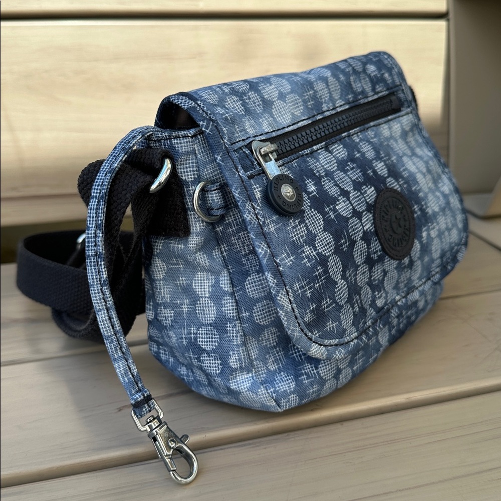 RARE Kipling Sabian Crossbody Blue Denim Dot Mini Bag - Adjustable Navy Strap - Picture 6 of 10